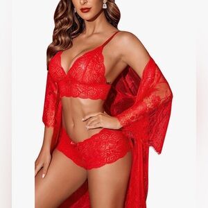 Red Floral Lace 3-Piece Lingerie Set | Bralette, Panty & Sheer Robe